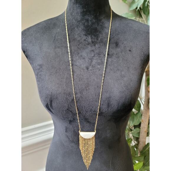 Women's Gold Chain Necklace With White Stone Fringe Pendant And Lobster Clasp - Picture 2 of 6